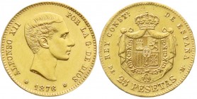 Ausländische Goldmünzen und -medaillen, Spanien, Alfonso XII., 1874-1885
25 Pesetas 1876 DE-M. (1962) offizielle Nachprägung der Spanischen Münze v. o...