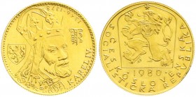 Ausländische Goldmünzen und -medaillen, Tschechoslowakei
Dukat 1980, Karl IV. 3,50 g. 986/1000. prägefrisch, etwas berieben