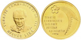 Ausländische Goldmünzen und -medaillen, Türkei/Osmanisches Reich, Republik, 1923 bis heute
500 Lira 1973. 50 Jahre Republik. 6 g. 917/1000. BU