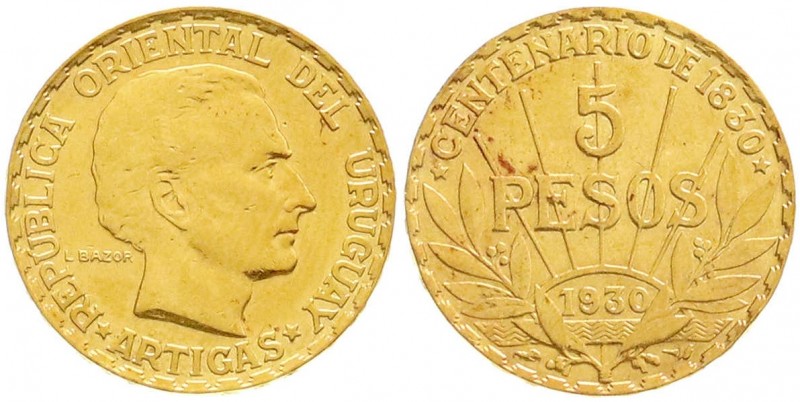 Ausländische Goldmünzen und -medaillen, Uruguay, Republik, seit 1830
5 Pesos 193...