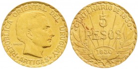 Ausländische Goldmünzen und -medaillen, Uruguay, Republik, seit 1830
5 Pesos 1930. 100 Jahre Republik. 8,485 g. 917/1000. Auflage nur 14415 Ex. sehr s...