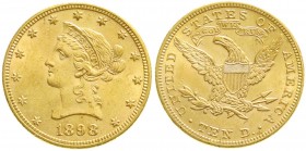 Ausländische Goldmünzen und -medaillen, Vereinigte Staaten von Amerika, Unabhängigkeit, seit 1776
10 Dollars 1898, Philadelphia. Coronet Head. 16,72 g...