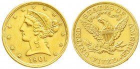 Ausländische Goldmünzen und -medaillen, Vereinigte Staaten von Amerika, Unabhängigkeit, seit 1776
5 Dollars 1901, Philadelphia. Coronet Head. 8,36 g. ...