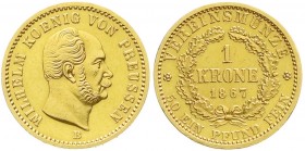 Altdeutsche Goldmünzen und -medaillen, Brandenburg-Preußen, Wilhelm I., 1861-1888
Krone 1867 B. 11,12 g. fast vorzüglich, kl. Kratzer
