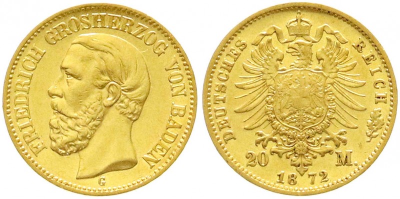 Reichsgoldmünzen, Baden, Friedrich I., 1856-1907
20 Mark 1872 G. vorzüglich/Stem...
