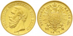 Reichsgoldmünzen, Baden, Friedrich I., 1856-1907
20 Mark 1872 G. vorzüglich/Stempelglanz, min. Randfehler