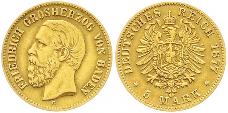 Reichsgoldmünzen, Baden, Friedrich I., 1856-1907
5 Mark 1877 G. gutes sehr schön...