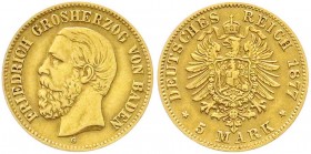 Reichsgoldmünzen, Baden, Friedrich I., 1856-1907
5 Mark 1877 G. gutes sehr schön