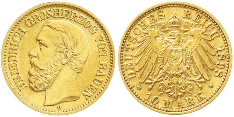 Reichsgoldmünzen, Baden, Friedrich I., 1856-1907
10 Mark 1898 G. vorzüglich/Stem...