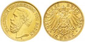 Reichsgoldmünzen, Baden, Friedrich I., 1856-1907
10 Mark 1898 G. vorzüglich/Stempelglanz