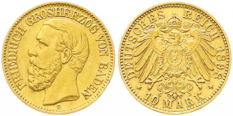 Reichsgoldmünzen, Baden, Friedrich I., 1856-1907
10 Mark 1898 G. vorzüglich, kl....