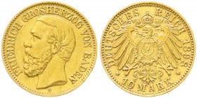 Reichsgoldmünzen, Baden, Friedrich I., 1856-1907
10 Mark 1898 G. vorzüglich, kl. Randfehler