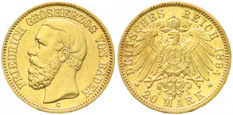Reichsgoldmünzen, Baden, Friedrich I., 1856-1907
20 Mark 1894 G. vorzüglich/Stem...