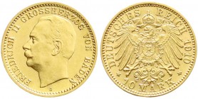 Reichsgoldmünzen, Baden, Friedrich II., 1907-1918
10 Mark 1910 G. vorzüglich/Stempelglanz