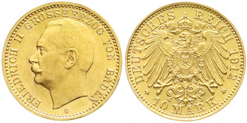 Reichsgoldmünzen, Baden, Friedrich II., 1907-1918
10 Mark 1912 G. Var. mit offen...
