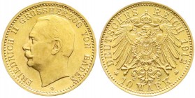 Reichsgoldmünzen, Baden, Friedrich II., 1907-1918
10 Mark 1912 G. Var. mit offener 0 in Wertzahl. vorzüglich