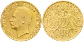 Reichsgoldmünzen, Baden, Friedrich II., 1907-1918
20 Mark 1911 G. fast vorzüglich, kl. Randfehler