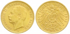 Reichsgoldmünzen, Baden, Friedrich II., 1907-1918
20 Mark 1912 G. gutes vorzüglich, winz. Randfehler
