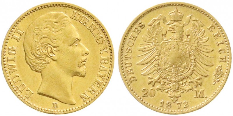 Reichsgoldmünzen, Bayern, Ludwig II., 1864-1886
20 Mark 1872 D. sehr schön/vorzü...