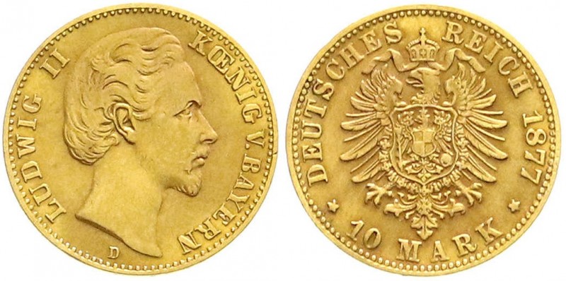 Reichsgoldmünzen, Bayern, Ludwig II., 1864-1886
10 Mark 1877 D. gutes sehr schön...