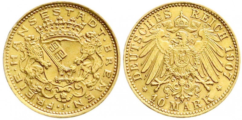 Reichsgoldmünzen, Bremen
10 Mark 1907 J. sehr schön/vorzüglich
