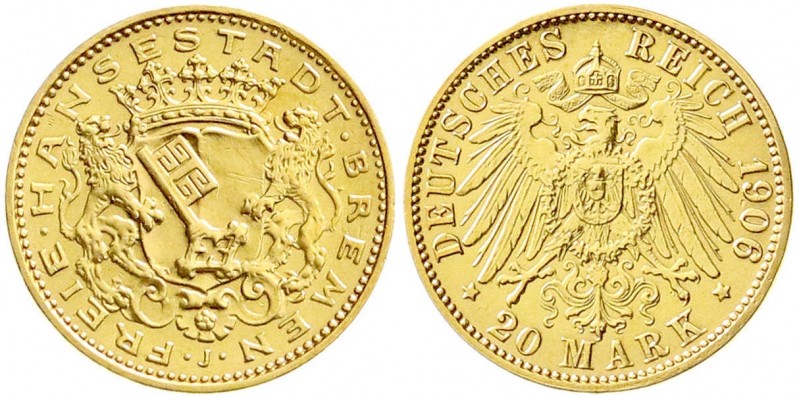 Reichsgoldmünzen, Bremen
20 Mark 1906 J. vorzüglich/Stempelglanz, kl. Kratzer