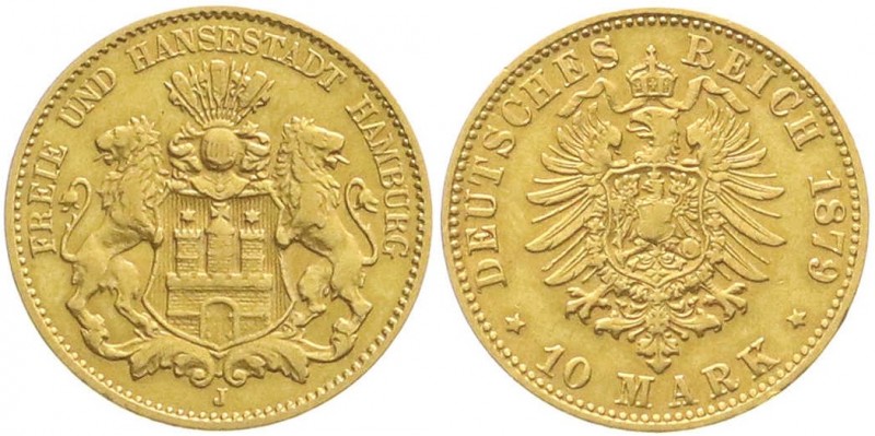 Reichsgoldmünzen, Hamburg
10 Mark 1879 J. sehr schön, besseres Jahr