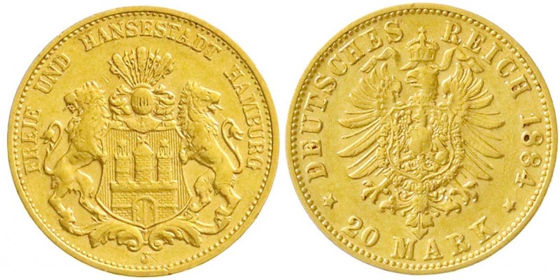 Reichsgoldmünzen, Hamburg
20 Mark 1884 J. sehr schön