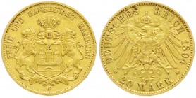 Reichsgoldmünzen, Hamburg
20 Mark 1894 J. sehr schön/vorzüglich, kl. Randfehler