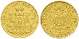 Reichsgoldmünzen, Hamburg
20 Mark 1895 J. sehr schön/vorzüglich