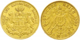 Reichsgoldmünzen, Hamburg
20 Mark 1897 J. sehr schön/vorzüglich