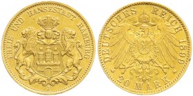 Reichsgoldmünzen, Hamburg
20 Mark 1899 J. vorzüglich, kl. Kratzer und Randfehler