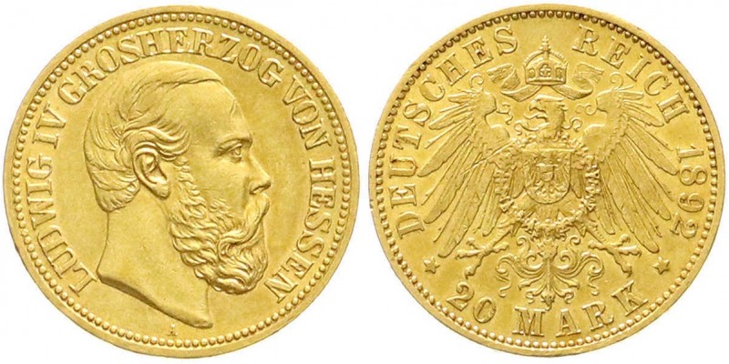 Reichsgoldmünzen, Hessen, Ludwig IV., 1877-1892
20 Mark 1892 A. gutes vorzüglich...