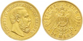 Reichsgoldmünzen, Hessen, Ludwig IV., 1877-1892
20 Mark 1892 A. gutes vorzüglich, selten