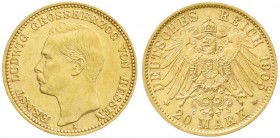 Reichsgoldmünzen, Hessen, Ernst Ludwig, 1892-1918
20 Mark 1905 A. vorzüglich, kl. Randfehler