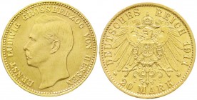 Reichsgoldmünzen, Hessen, Ernst Ludwig, 1892-1918
20 Mark 1911 A. sehr schön, kl. Kratzer und leichte Fassungsspuren