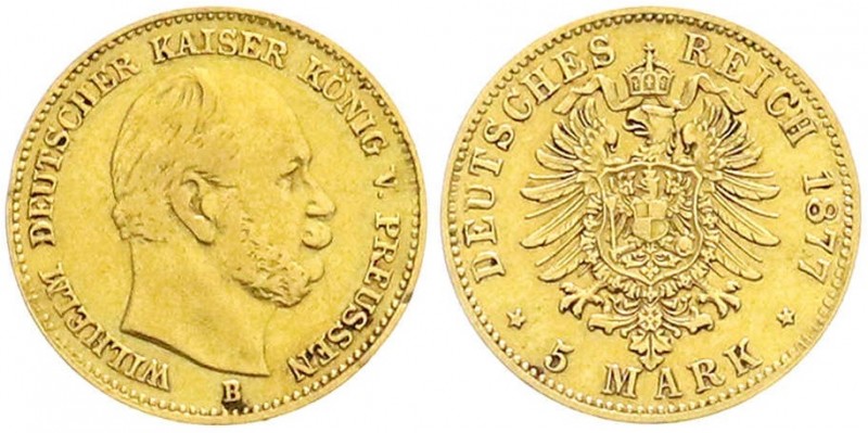 Reichsgoldmünzen, Preußen, Wilhelm I., 1861-1888
5 Mark 1877 B. sehr schön, Rand...