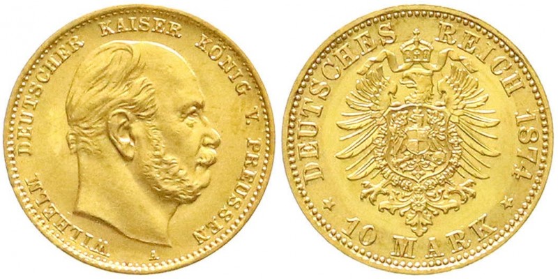 Reichsgoldmünzen, Preußen, Wilhelm I., 1861-1888
10 Mark 1874 A. fast Stempelgla...