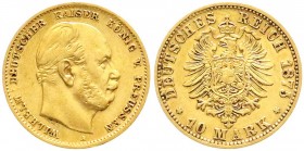 Reichsgoldmünzen, Preußen, Wilhelm I., 1861-1888
10 Mark 1875 A. Mit oben ausgefüllter 5 (durch int. Stempelbruch) vorzüglich