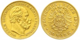 Reichsgoldmünzen, Preußen, Wilhelm I., 1861-1888
20 Mark 1877 C. Mit Gutachten Franquinet. vorzüglich, selten