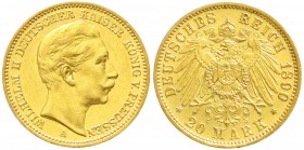 Reichsgoldmünzen, Preußen, Wilhelm II., 1888-1918
20 Mark 1890 A. vorzüglich/Stempelglanz, winz. Randfehler