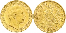 Reichsgoldmünzen, Preußen, Wilhelm II., 1888-1918
20 Mark 1905 J. Hamburg. vorzüglich/Stempelglanz