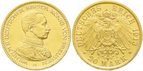 Reichsgoldmünzen, Preußen, Wilhelm II., 1888-1918
20 Mark 1913 A. Kaiser in Uniform. prägefrisch/fast Stempelglanz
