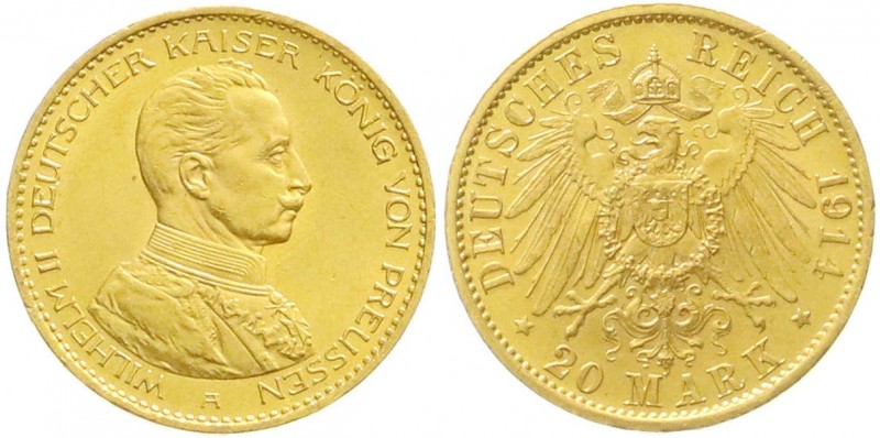 Reichsgoldmünzen, Preußen, Wilhelm II., 1888-1918
20 Mark 1914 A. Kaiser in Unif...