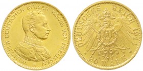 Reichsgoldmünzen, Preußen, Wilhelm II., 1888-1918
20 Mark 1914 A. Kaiser in Uniform. vorzüglich/Stempelglanz