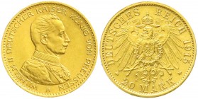 Reichsgoldmünzen, Preußen, Wilhelm II., 1888-1918
20 Mark 1915 A. Kaiser in Uniform. vorzüglich, kl. Kratzer