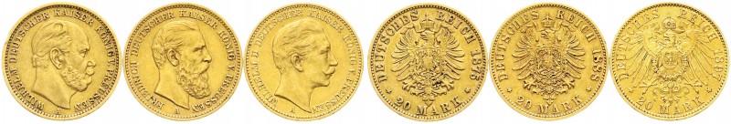 Reichsgoldmünzen, Preußen, Lots
3 X 20 Mark (3 Herrscher): 1875 A Wilhelm I., 18...