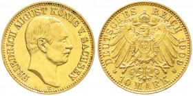 Reichsgoldmünzen, Sachsen, Friedrich August III., 1904-1918
10 Mark 1909 E. vorzüglich/Stempelglanz
