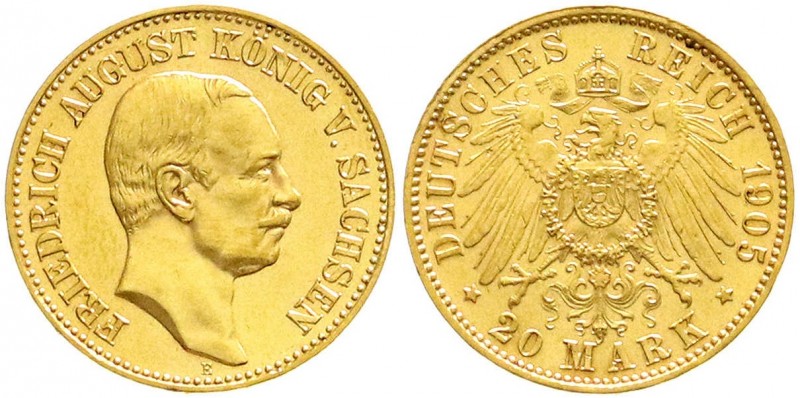 Reichsgoldmünzen, Sachsen, Friedrich August III., 1904-1918
20 Mark 1905 E. vorz...