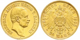 Reichsgoldmünzen, Sachsen, Friedrich August III., 1904-1918
20 Mark 1905 E. vorzüglich/Stempelglanz